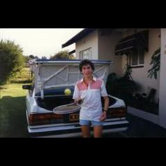 Ready for Tennis. In front of Toyota Cressida.